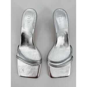 Tibi Jim Silver Metallic Leather Square Toe Strap Sandals Kitten Heels 40